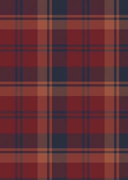 Seamless tartan plaid pattern in dark red, navy blue, and warm orange colors, classic winter textile design, retro flannel fabric texture background, autumn check vector illustration