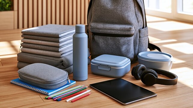 Backpack and school supplies neatly arranged on wooden surface, ready for student's adventure