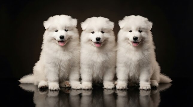 Three adorable fluffy puppy trio sitting closely on dark background for pet marketing.