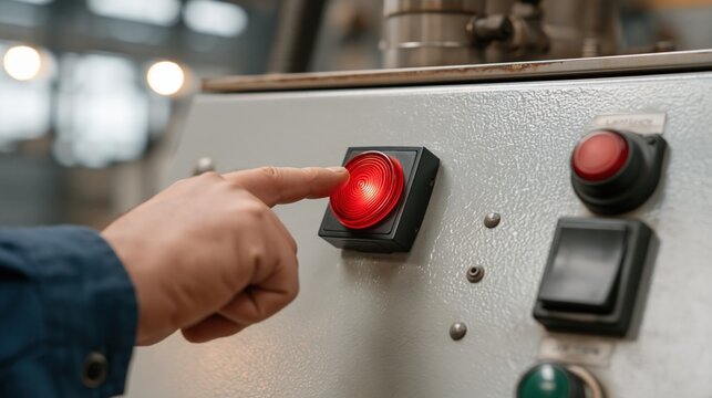 Close-up of a hand pressing a glowing red emergency stop button on industrial machinery control panel