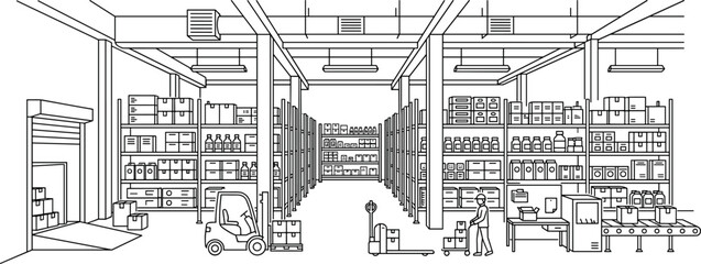 Obraz premium Warehouse interior with shelves boxes forklift and workers line art illustration