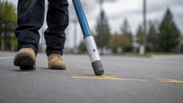 Underground cable locating technician walking along road with cable locator wand over yellow utility markings on asphalt, ground level view of utility detection equipment and work boots