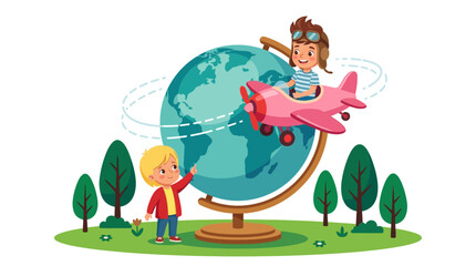 Fototapeta premium Cartoon illustration of a young boy in a pilot hat flying a pink propeller airplane around a large world globe while another child points from the ground near green trees.