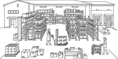 Obraz premium Warehouse interior with shelves boxes forklift and workers line art illustration