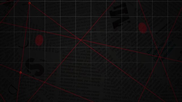 Dark Crime Investigation Background with Fingerprint, Red Evidence Lines and Newspaper Clippings