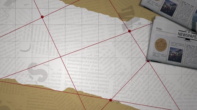 Detective Investigation Background with Newspaper Clippings, Red String and Evidence Board