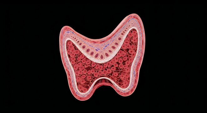 Cross-sectional view of the thyroid gland displaying its internal structure and follicles
