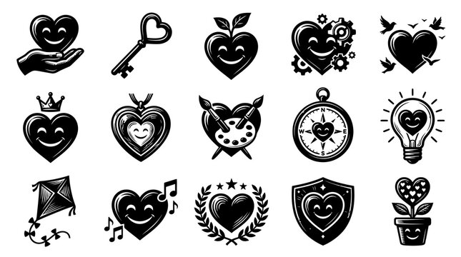 Black and White Glyph Heart Icons Set: Love, Happiness, and Wellness Vector Symbols Collection