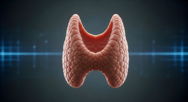 Anatomical illustration of the human thyroid gland with detailed surface texture