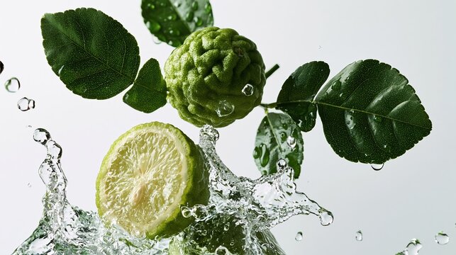 Fresh Kaffir Lime Fruit and Leaves Splashing in Water with Water Droplets, Citrus Refreshment