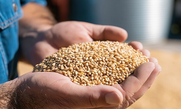 Farmer holding a handful of golden wheat grains, representing agriculture and harvest