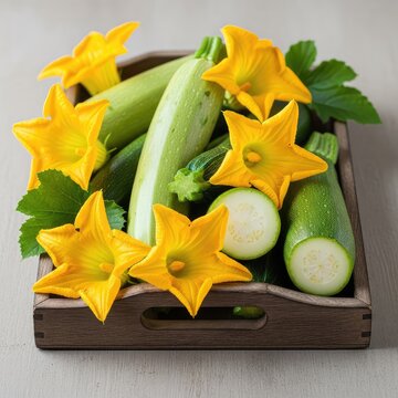 Bright yellow squash flowers and fresh green zucchini rest in a rustic wooden tray, perfect for healthy and delicious farm-to-table cooking, preparation, fiber, squash blossoms