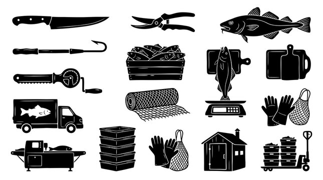 Fishing and Seafood Industry Icons Set. Black and White Silhouette Glyphs of Fish, Tools  Equipment