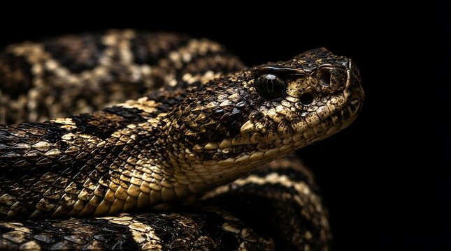 Close-up of a snake slithering with striking golden-brown patterned scales against dark background