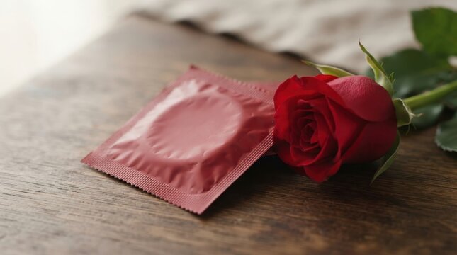 Red condom packet and romantic red rose on a wooden table surface