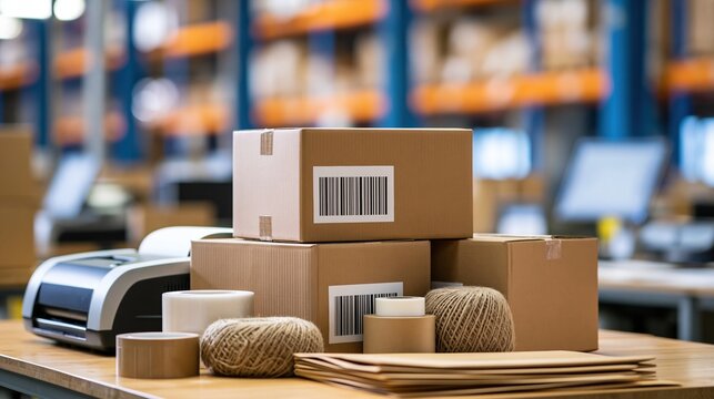 Cardboard shipping boxes and packing supplies neatly arranged on a table in a warehouse ready for dispatch