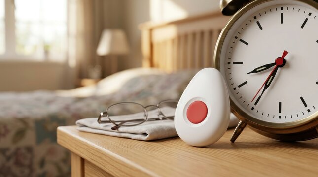 Elderly panic button alarm device on bedside table in bedroom