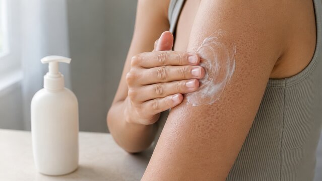 Keratosis pilaris woman applying moisturizing lotion cream on bumpy upper arm skin, chicken skin treatment with body moisturizer pump bottle, skincare routine for rough skin condition