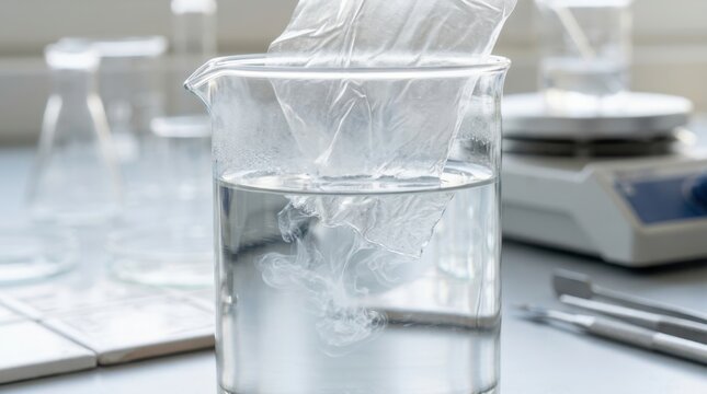 Biodegradable plastic film dissolving in water in a laboratory