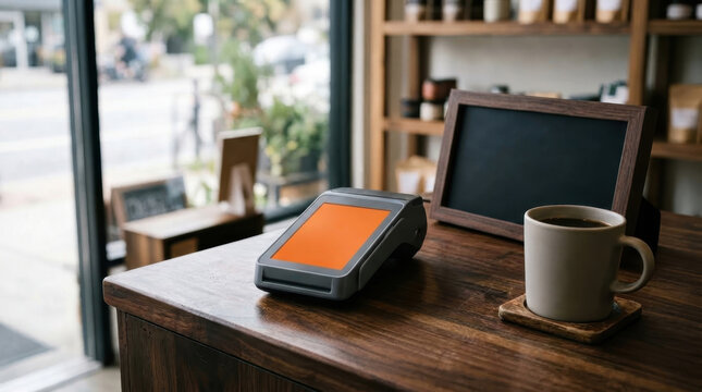 Payment terminal and coffee cup on wooden counter in a small cafe