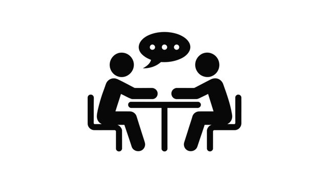 Two people sitting at table talking with speech bubble vector icon representing interview conversation business meeting isolated on white background.