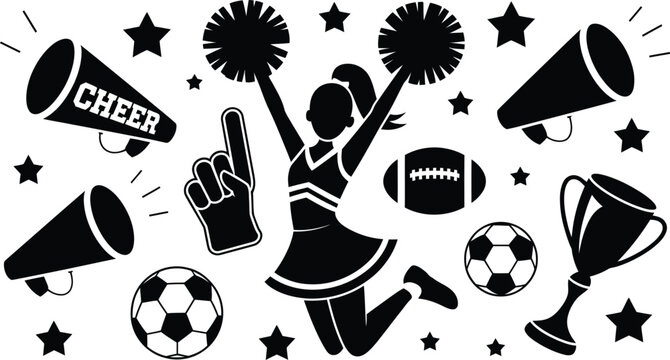 Black Silhouette of Cheerleader with Sports Icons, Dynamic Athletic Vector Illustration for Cheerleading, Team Spirit, Competition, Fitness, Events, and Modern Sports Design.