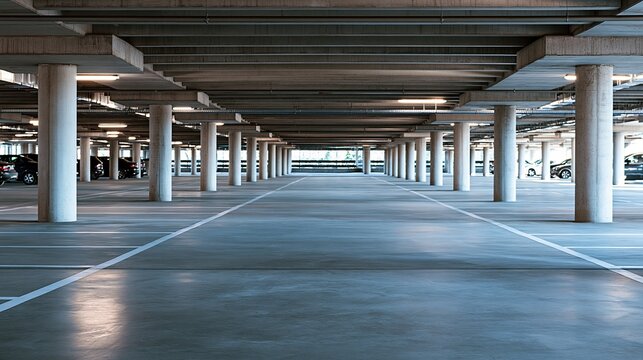 Empty concrete parking garage with rows of white columns and overhead lighting, creating a sense of scale and urban infrastructure.