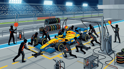 Fototapeta premium Modern Formula 1 Racing Car Vector Illustration Featuring Detailed Aerodynamic Bodywork, Rear Spoiler, Front Wing, Slick Tires, and Driver Cockpit for Professional Motorsport Design