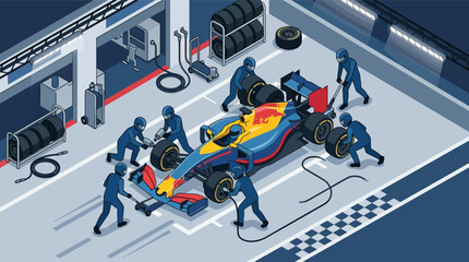 Fototapeta premium High-Performance Formula 1 Racing Car Vector Illustration Featuring Aerodynamic Bodywork, Open-Wheel Design, Front and Rear Wings, and Slick Tires for Professional Motorsports Media