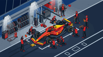 Fototapeta premium Modern Formula 1 Racing Car Vector Illustration, Aerodynamic Single-Seater Open-Wheel Motorsport Vehicle with Large Rear Wing, Front Spoiler, and Sleek Body for Professional Racing.