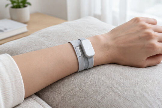 Adult forearm with fabric wristband and silver skin sensor on linen cushion, wearable biofeedback device, health monitoring concept