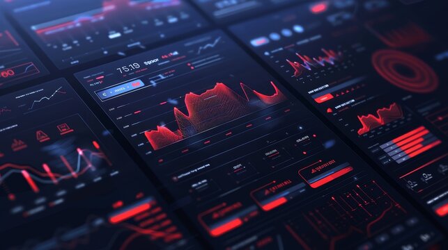 Digital interface displays financial charts and graphs with glowing neon red highlights on dark screens