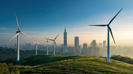 Obraz premium Modern wind turbines on grassy hill with city skyline and skyscrapers at sunrise