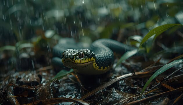 A dark green snake moving through wet forest foliage during rain