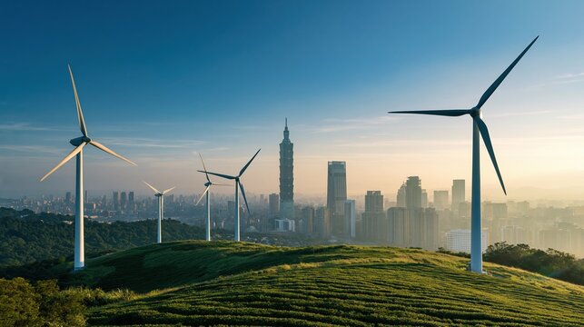 Modern wind turbines on grassy hill with city skyline and skyscrapers at sunrise