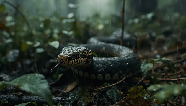 A black snake with yellow markings moving through wet forest floor