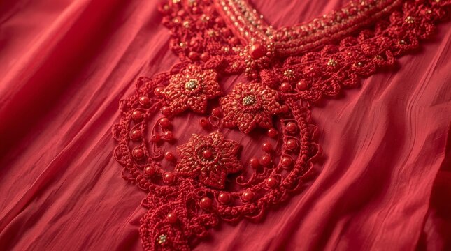 Close up of intricate red embroidered fabric with floral beadwork with showcases detailed close