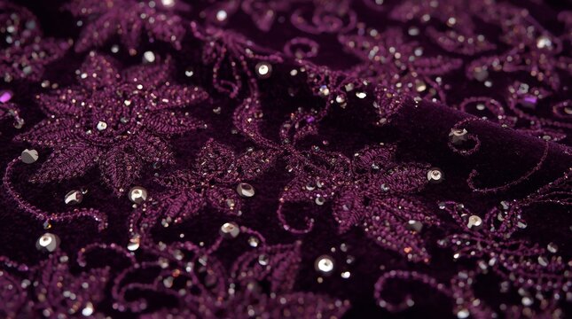 Close up of intricate sequin and metallic thread embroidery on deep purple velvet fabric with luxury