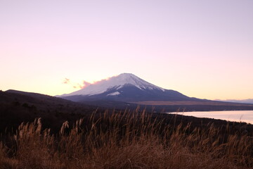 Fototapeta premium Snow-Capped Mount Fuji beyond a Lake and Susuki Grass at Sunset
