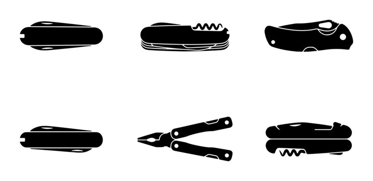 Compact Pocket Knife Icons, Multitool Set, Outdoor Gear Vector Graphics