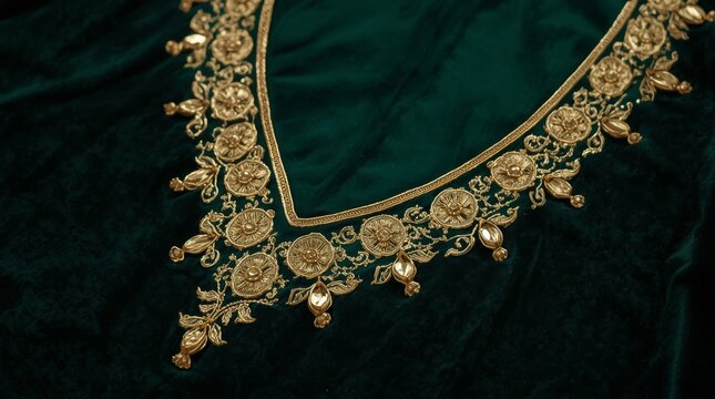 Close up of ornate gold embroidery detailing on deep green fabric v neckline with leaf patterns rich