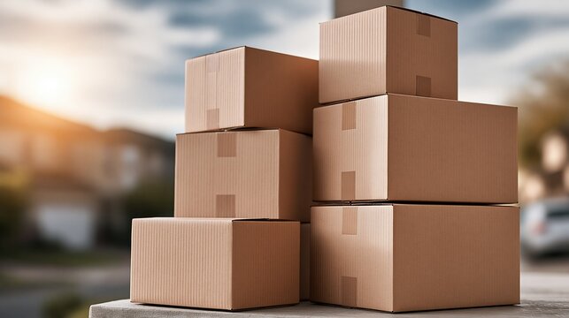 Stack of Cardboard Shipping Boxes Ready for Delivery or Storage Outdoors
