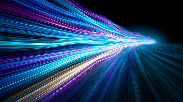 Abstract flowing light streaks in blue and purple colors creating a dynamic motion blur data speed background.