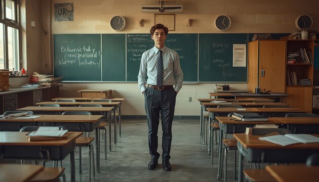 Young male teacher standing alone in an empty school classroom