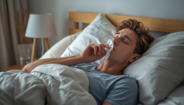 A sick man resting in bed with a tissue