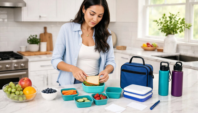 Woman packing sandwiches and fresh snacks into reusable containers on a bright kitchen counter. Scene shows meal prep with lunch bags, water bottles, and fresh fruit for packed lunches.