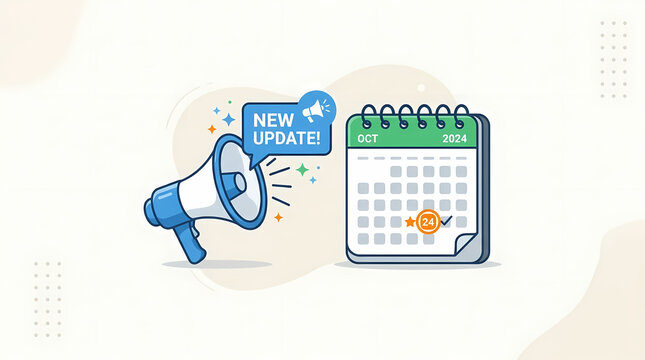 A megaphone emitting a speech bubble with an announcement regarding a new software update highlighted on a calendar page to inform users about upcoming scheduled maintenance for digital business