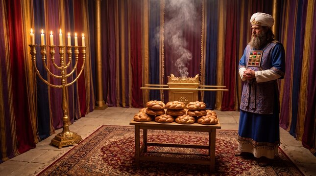 Jewish priest in traditional robe standing in tabernacle with golden menorah and incense smoke. Biblical scene of temple service. Religious ritual and