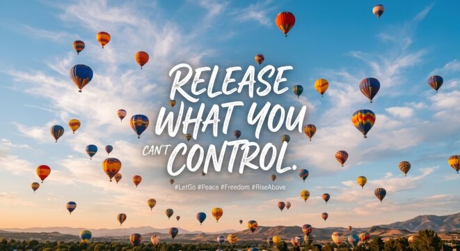 Colorful hot air balloons soaring in a bright blue sky with inspirational text 'Release What You Can't Control'