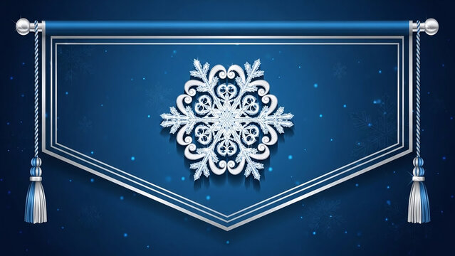 Elegant winter snowflake design banner with intricate white filigree pattern on dark blue gradient background